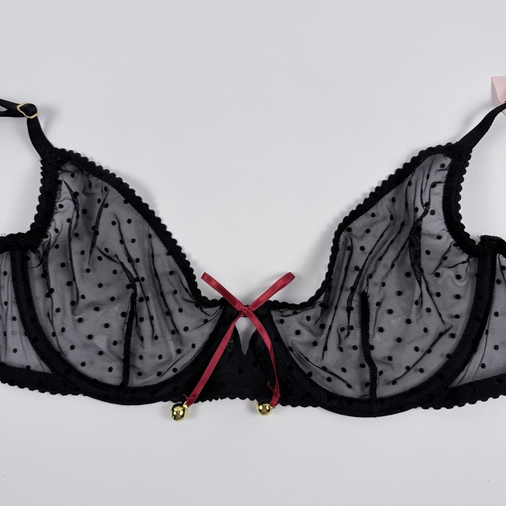 Victoria's Secret Very Sexy Black Polka Dot Mesh Unlined Jingle Bell Bra 34DD
